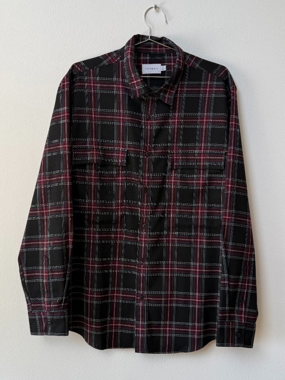 Topman Plaid Flannel Shirt Black Burgundy Size XL